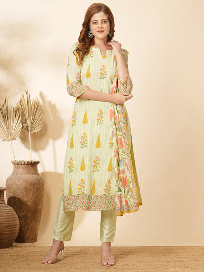 Floral Printed & Embroidered Straight Kurta with Pant and Dupatta - Mint Green