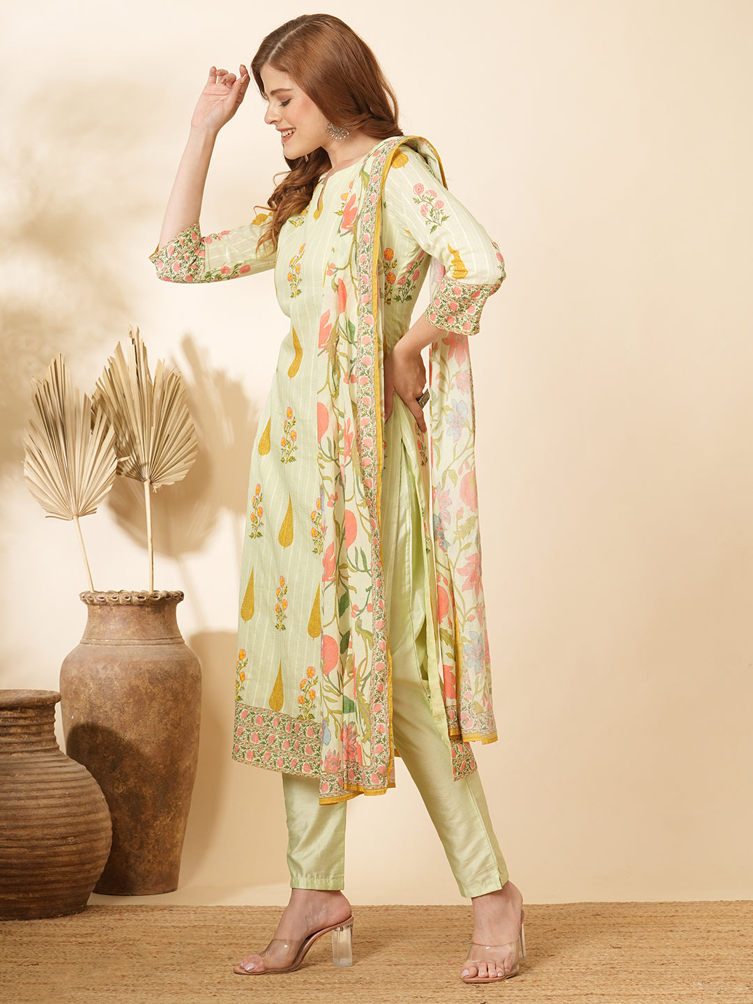 Floral Printed & Embroidered Straight Kurta with Pant and Dupatta - Mint Green