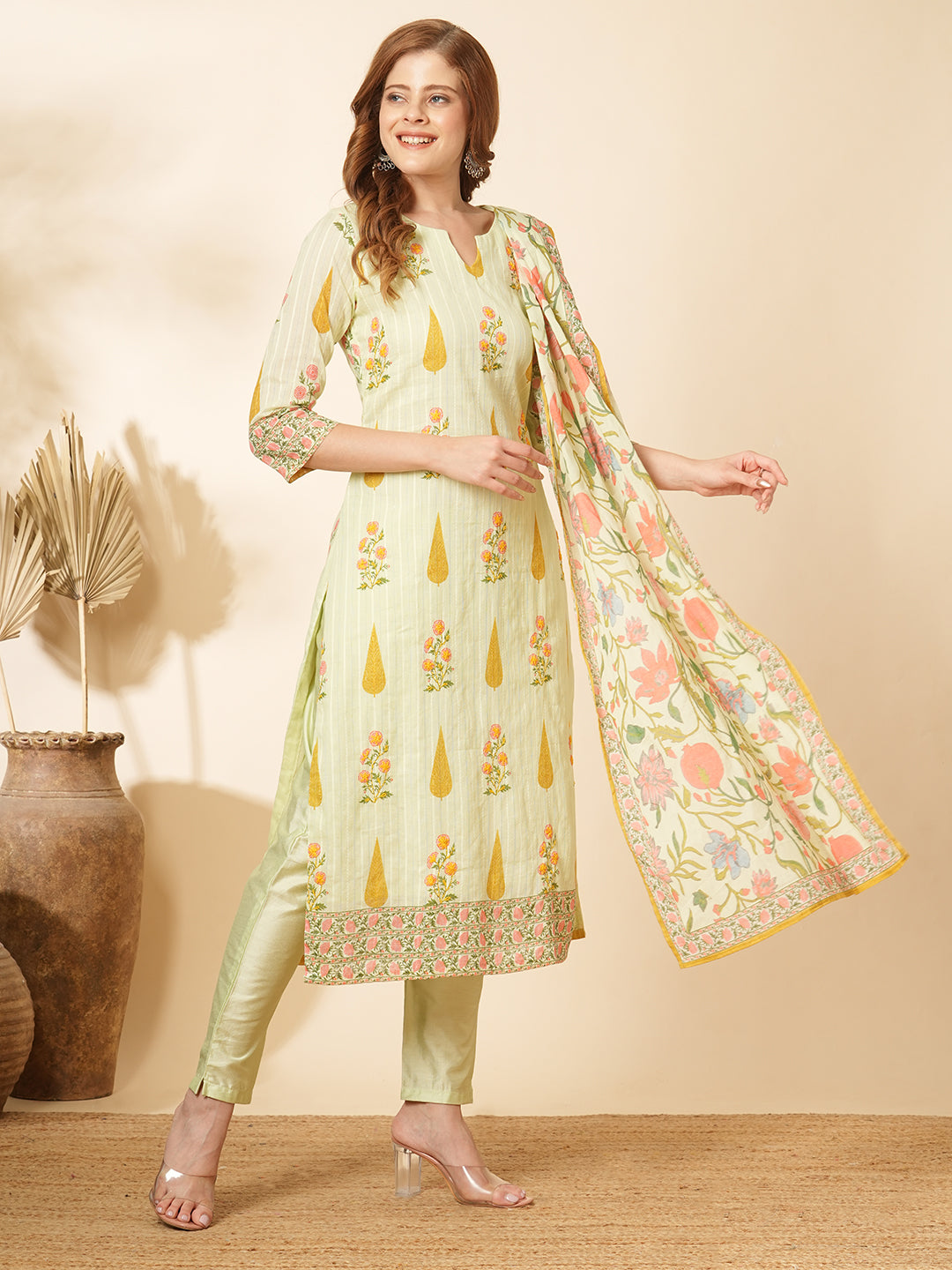 Floral Printed & Embroidered Straight Kurta with Pant and Dupatta - Mint Green