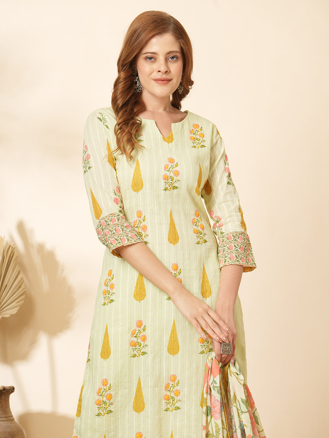 Floral Printed & Embroidered Straight Kurta with Pant and Dupatta - Mint Green