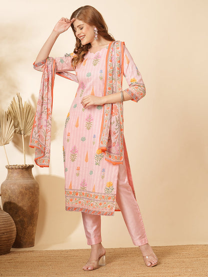 Floral Printed & Embroidered Straight Kurta with Pant and Dupatta - Pink