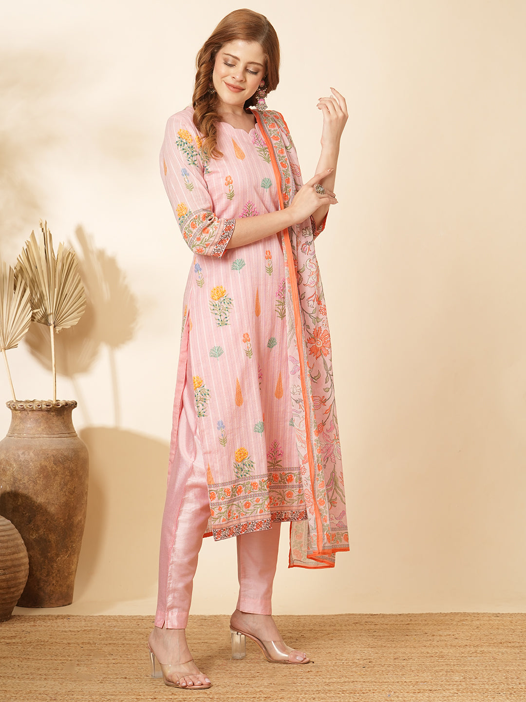 Floral Printed & Embroidered Straight Kurta with Pant and Dupatta - Pink