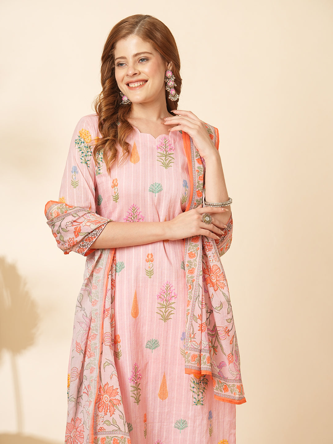 Floral Printed & Embroidered Straight Kurta with Pant and Dupatta - Pink