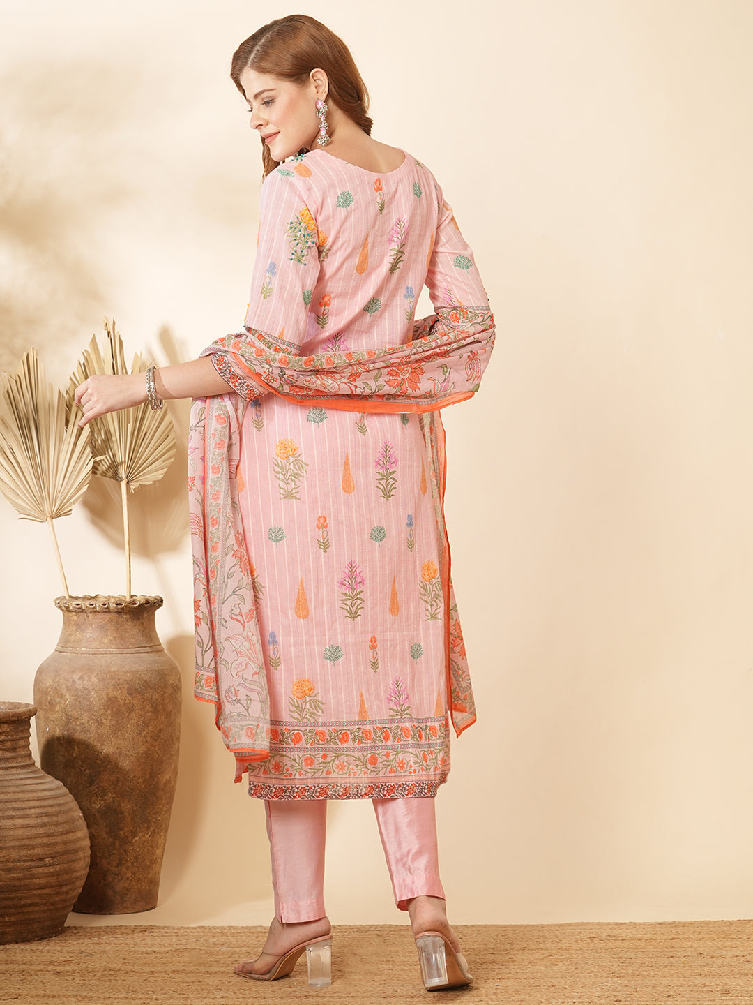 Floral Printed & Embroidered Straight Kurta with Pant and Dupatta - Pink