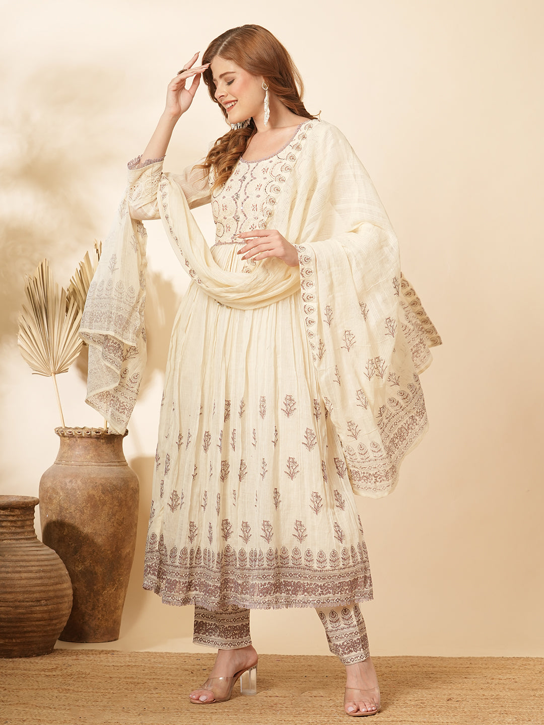 Floral Printed & Embroidered A-Line Pleated Kurta with Pant and Pure Cotton Dupatta - Off White