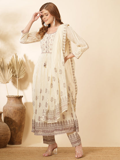 Floral Printed & Embroidered A-Line Pleated Kurta with Pant and Pure Cotton Dupatta - Off White