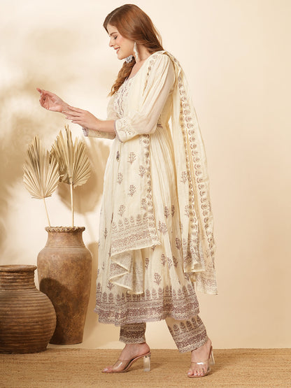 Floral Printed & Embroidered A-Line Pleated Kurta with Pant and Pure Cotton Dupatta - Off White