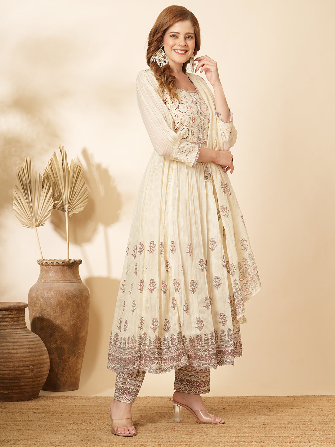 Floral Printed & Embroidered A-Line Pleated Kurta with Pant and Pure Cotton Dupatta - Off White