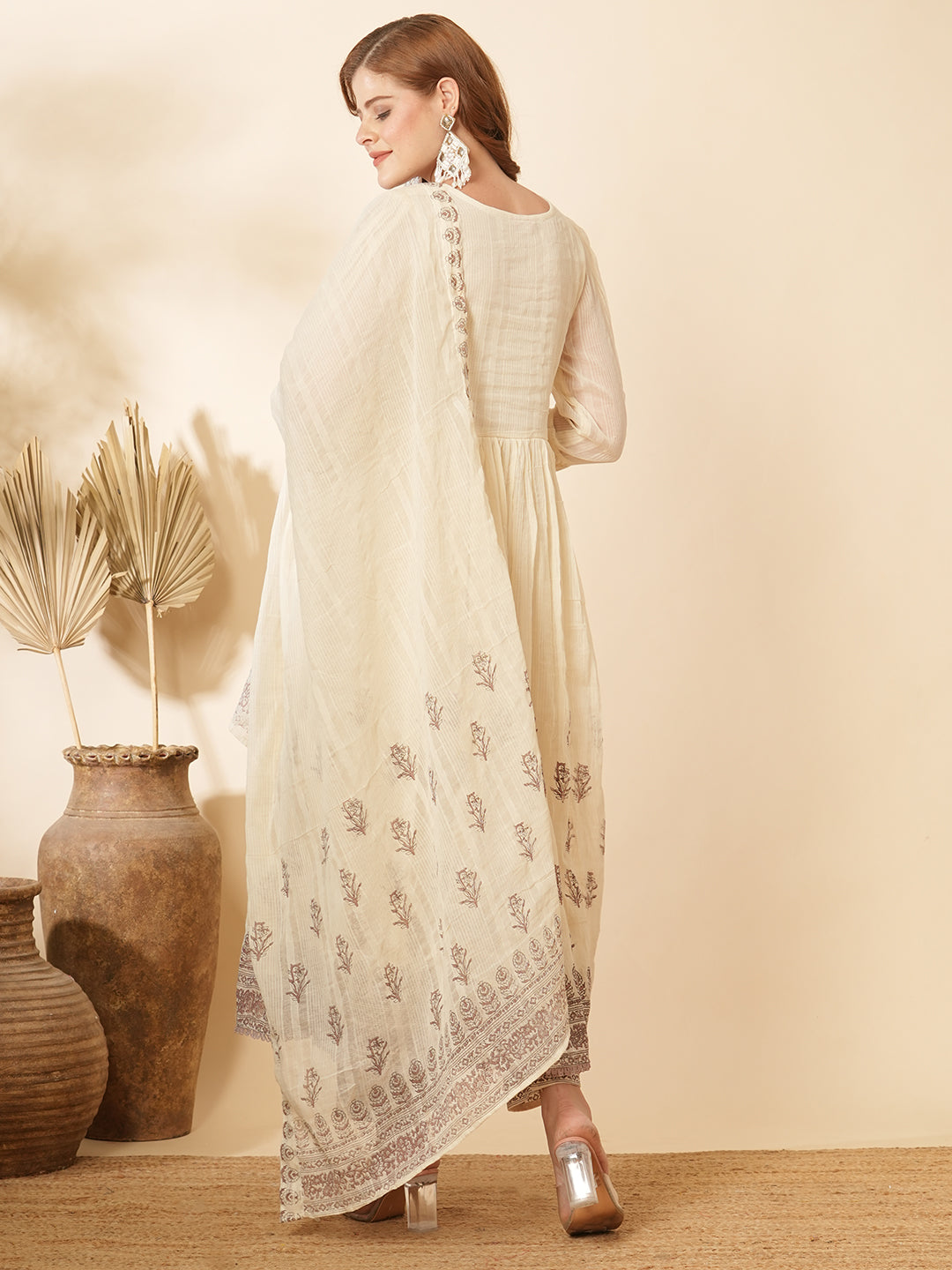 Floral Printed & Embroidered A-Line Pleated Kurta with Pant and Pure Cotton Dupatta - Off White