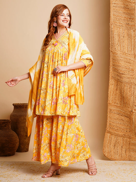 Floral Printed & Embroidered A-Line Pleated Kurta with Pant & Dupatta - Grey