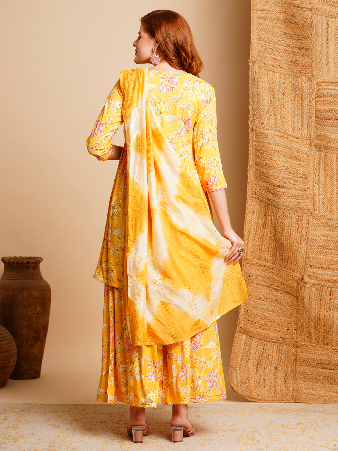 Floral Printed & Embroidered A-Line Pleated Kurta with Pant & Dupatta - Grey