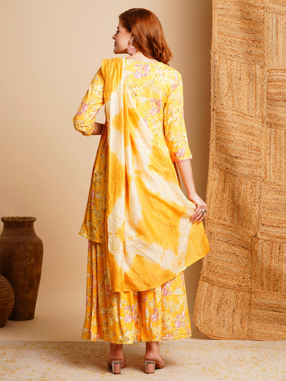 Floral Printed & Embroidered A-Line Pleated Kurta with Pant & Dupatta - Grey