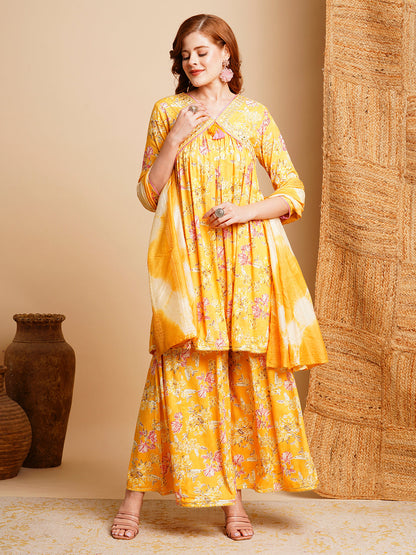 Floral Printed & Embroidered A-Line Pleated Kurta with Pant & Dupatta - Grey