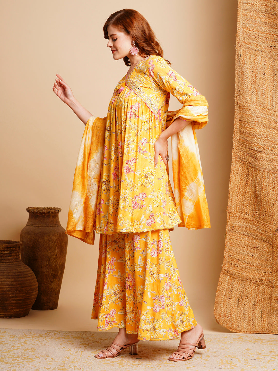 Floral Printed & Embroidered A-Line Pleated Kurta with Pant & Dupatta - Grey