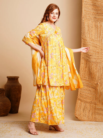 Floral Printed & Embroidered A-Line Pleated Kurta with Pant & Dupatta - Grey