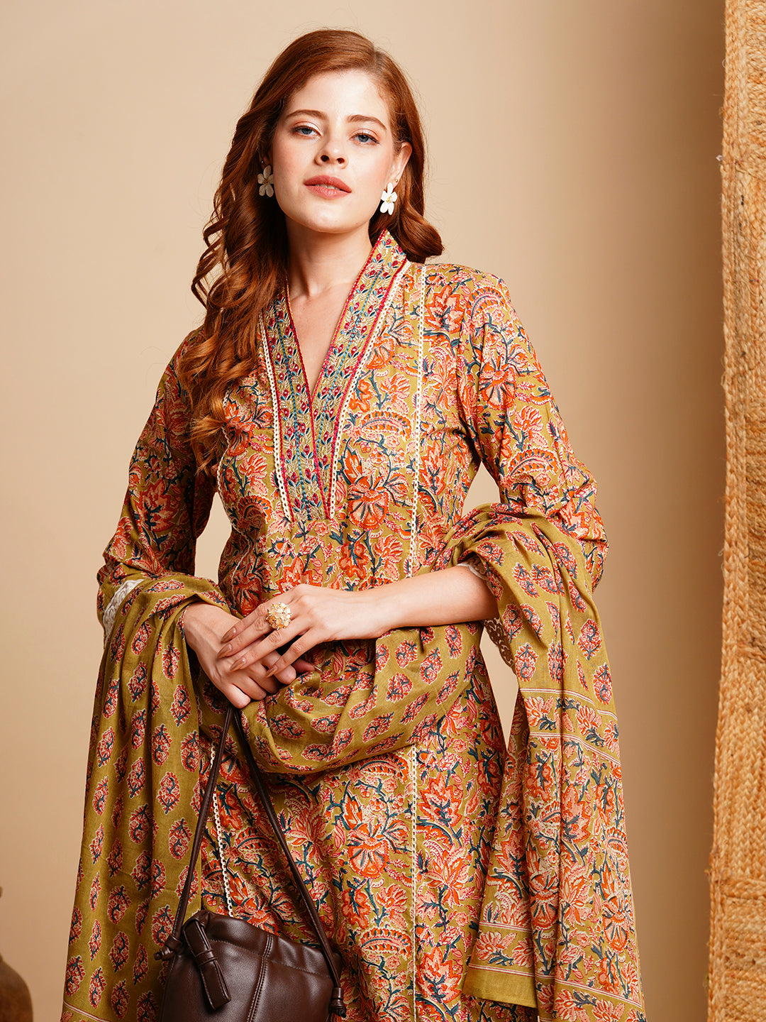 Ethnic Floral Printed Straight Kurta with Pant & Dupatta - Green