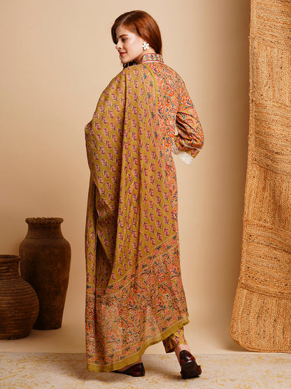 Ethnic Floral Printed Straight Kurta with Pant & Dupatta - Green