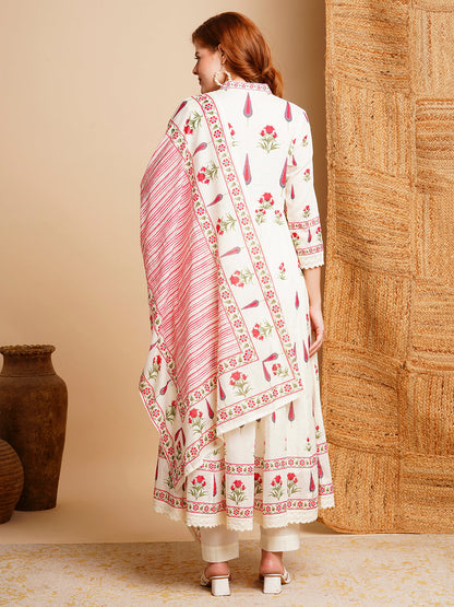 Floral Block Printed & Embroidered Anarkali Kurta with Pant & Dupatta - Off White