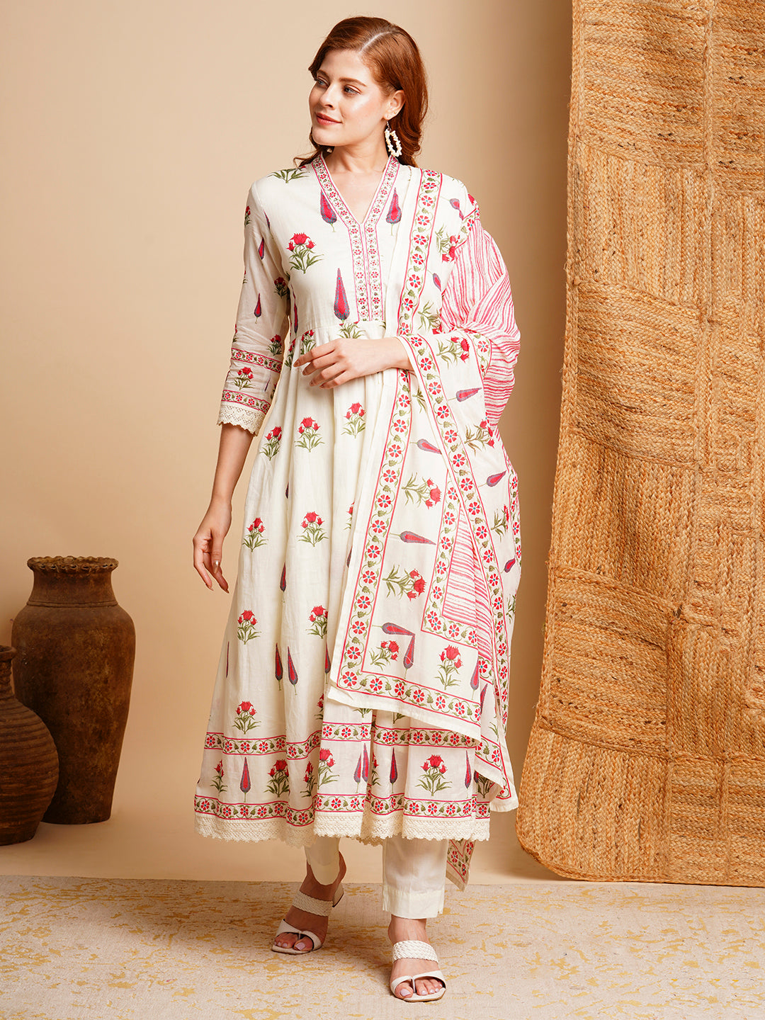 Floral Block Printed & Embroidered Anarkali Kurta with Pant & Dupatta - Off White