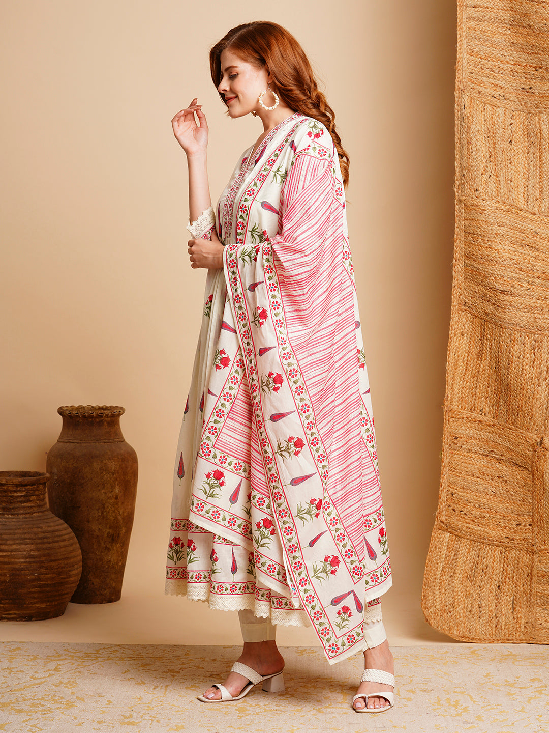 Floral Block Printed & Embroidered Anarkali Kurta with Pant & Dupatta - Off White