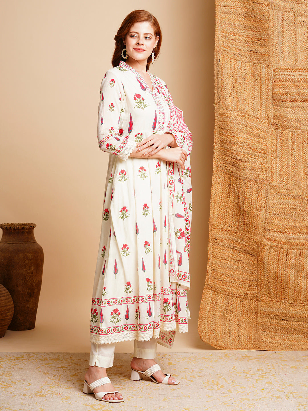 Floral Block Printed & Embroidered Anarkali Kurta with Pant & Dupatta - Off White