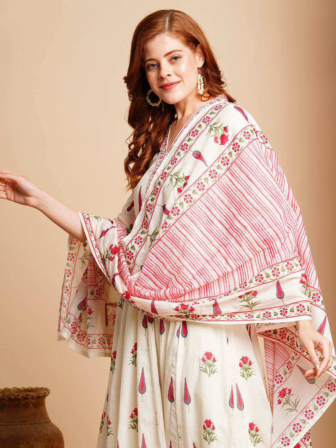 Floral Block Printed & Embroidered Anarkali Kurta with Pant & Dupatta - Off White