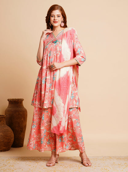 Floral Printed & Embroidered A-Line Pleated Kurta with Palazzo & Dupatta - Yellow