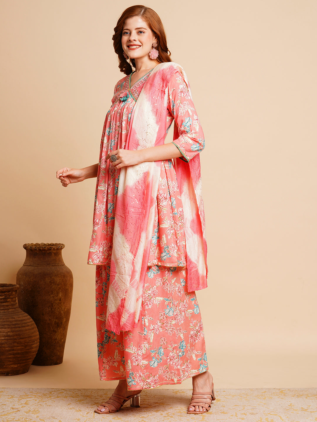 Floral Printed & Embroidered A-Line Pleated Kurta with Palazzo & Dupatta - Yellow