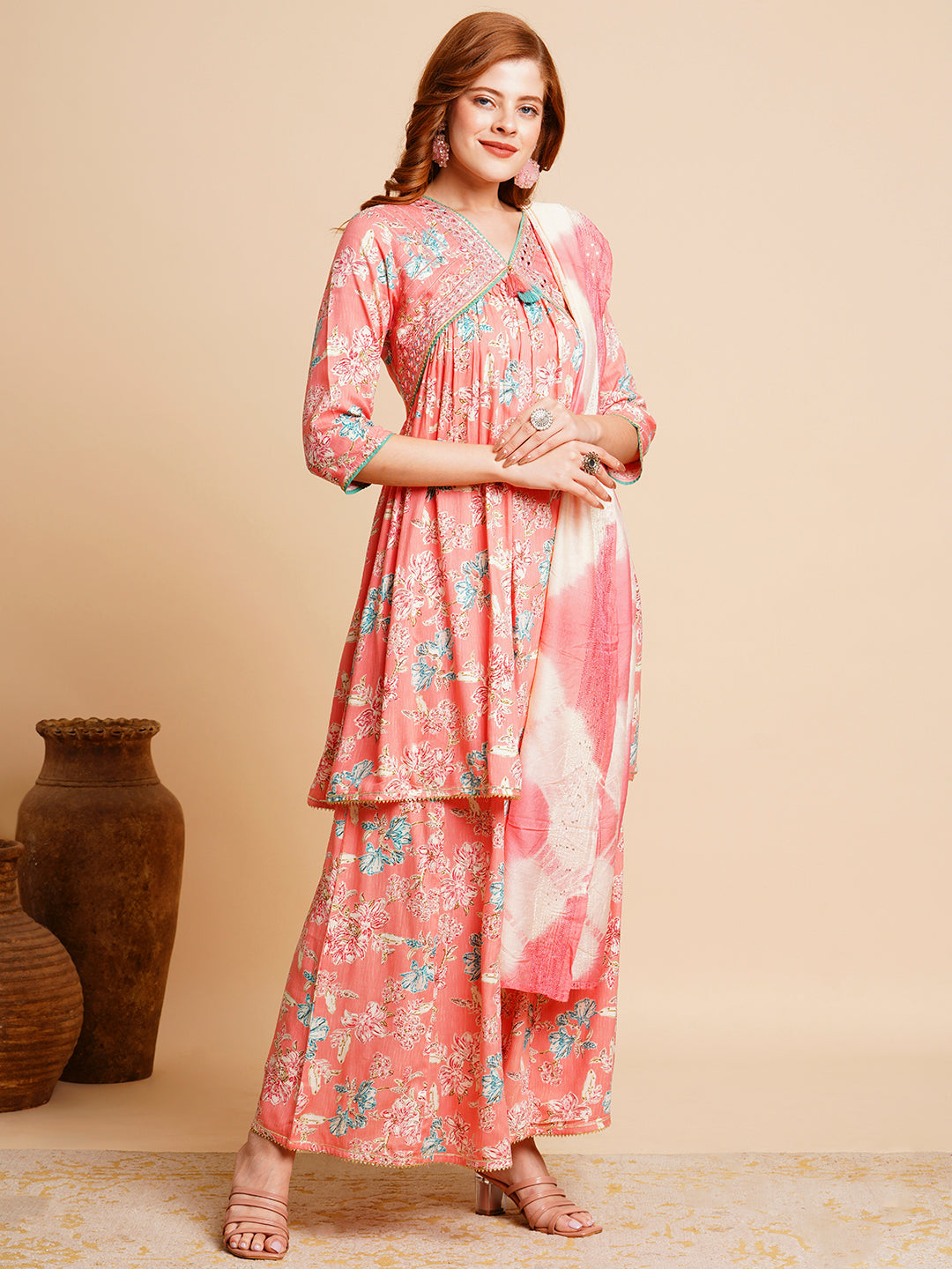 Floral Printed & Embroidered A-Line Pleated Kurta with Palazzo & Dupatta - Yellow