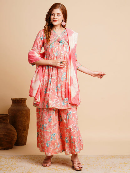 Floral Printed & Embroidered A-Line Pleated Kurta with Palazzo & Dupatta - Yellow