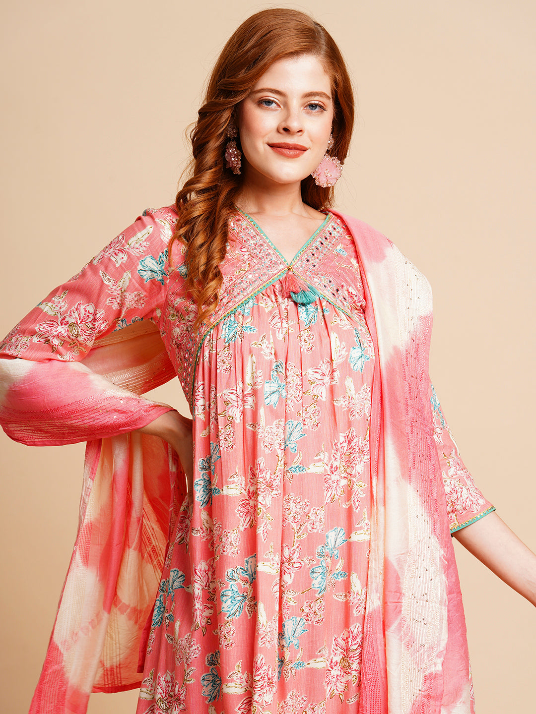 Floral Printed & Embroidered A-Line Pleated Kurta with Palazzo & Dupatta - Yellow