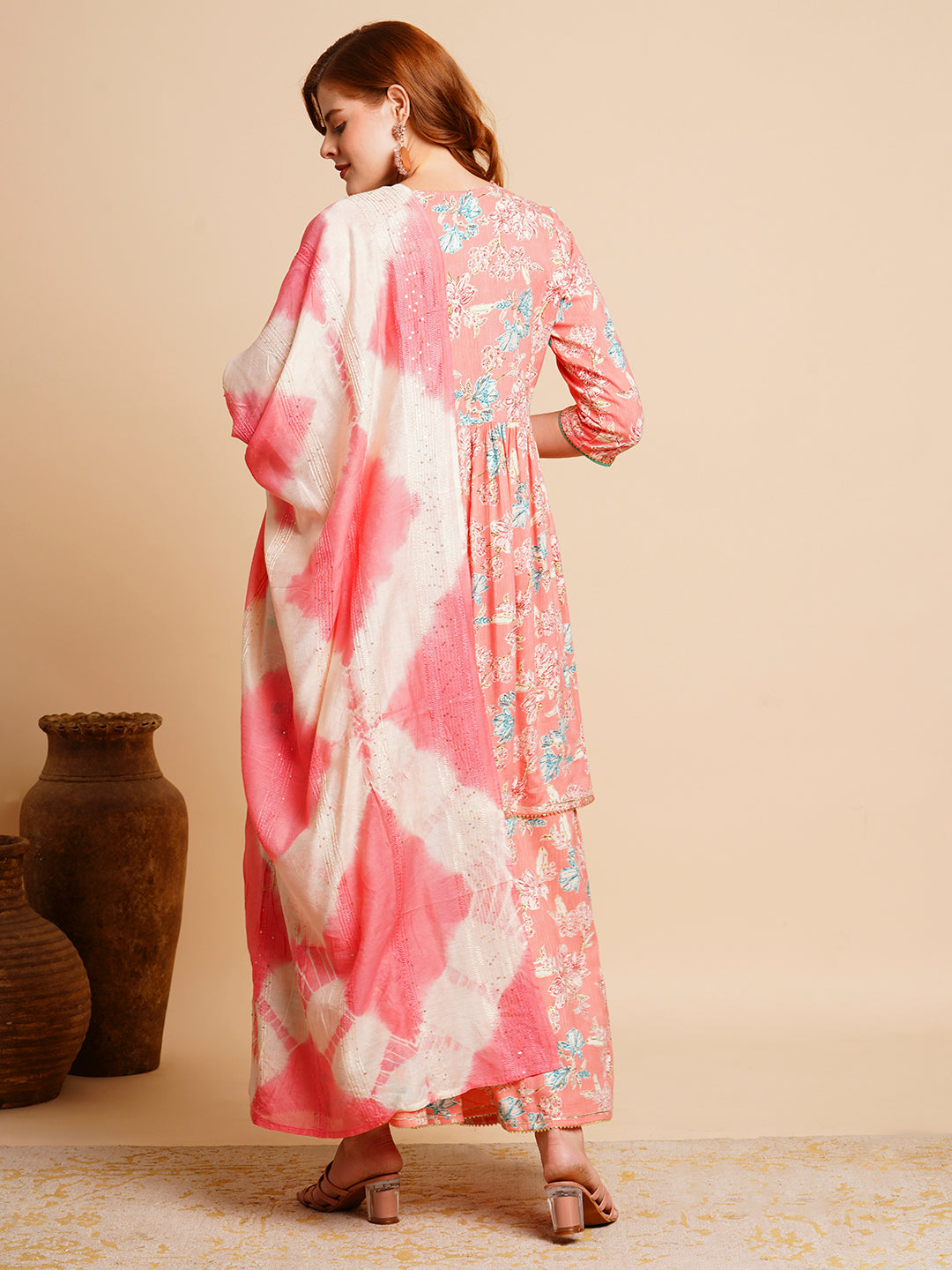 Floral Printed & Embroidered A-Line Pleated Kurta with Palazzo & Dupatta - Yellow