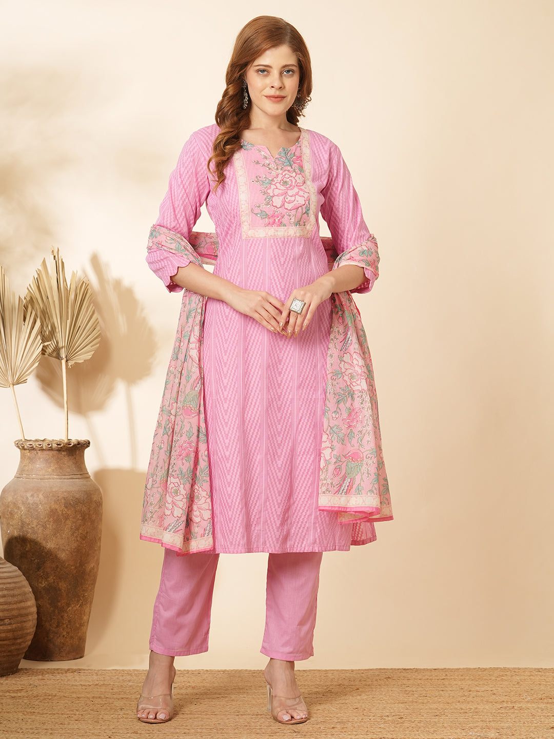 Abstract Floral Printed & Embroidered Straight Kurta with Pant & Dupatta - Pink