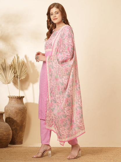 Abstract Floral Printed & Embroidered Straight Kurta with Pant & Dupatta - Pink