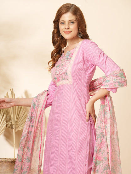 Abstract Floral Printed & Embroidered Straight Kurta with Pant & Dupatta - Pink