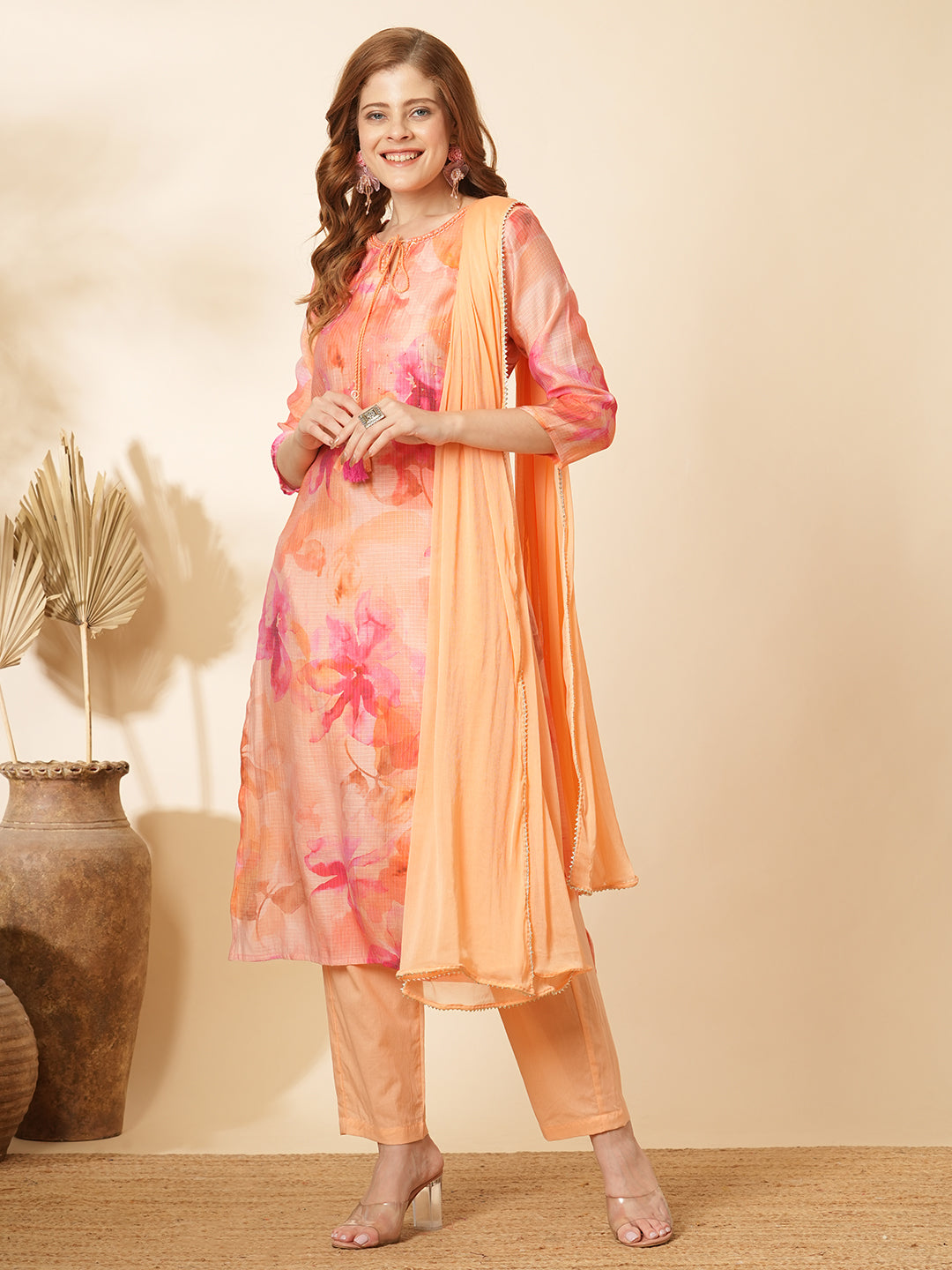 Abstract Printed & Hand Embroidered Straight Kurta with Pant & Dupatta - Peach