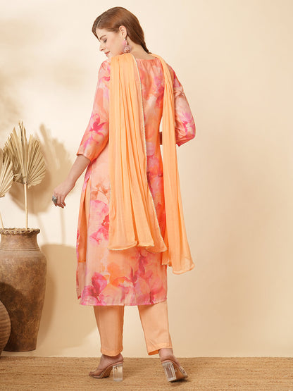 Abstract Printed & Hand Embroidered Straight Kurta with Pant & Dupatta - Peach