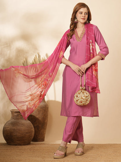 Ethnic Embroidered Straight Kurta with Pant & Floral Printed Dupatta - Purple