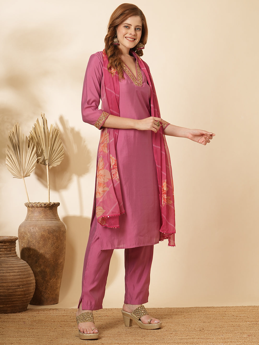 Ethnic Embroidered Straight Kurta with Pant & Floral Printed Dupatta - Purple