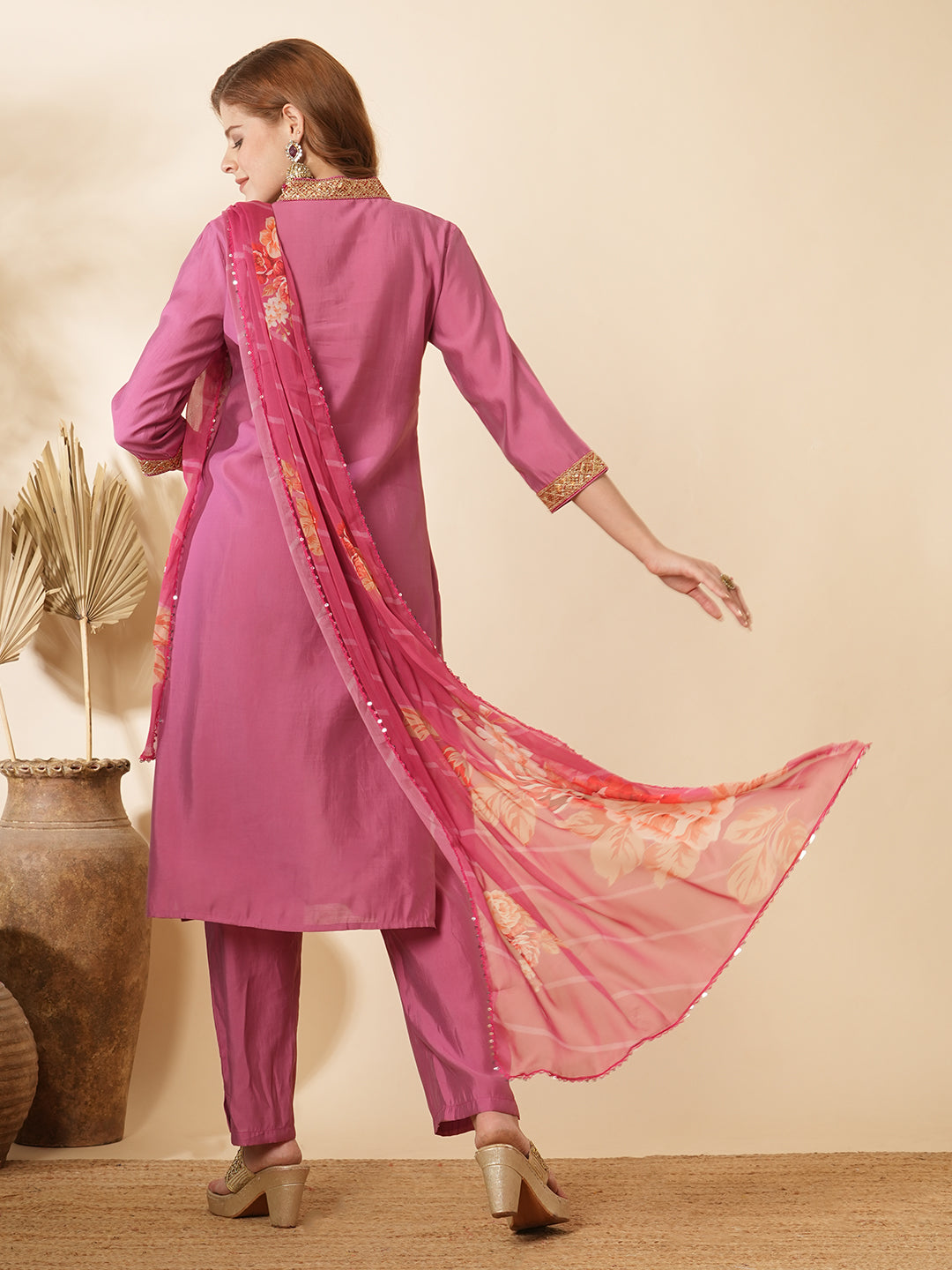 Ethnic Embroidered Straight Kurta with Pant & Floral Printed Dupatta - Purple