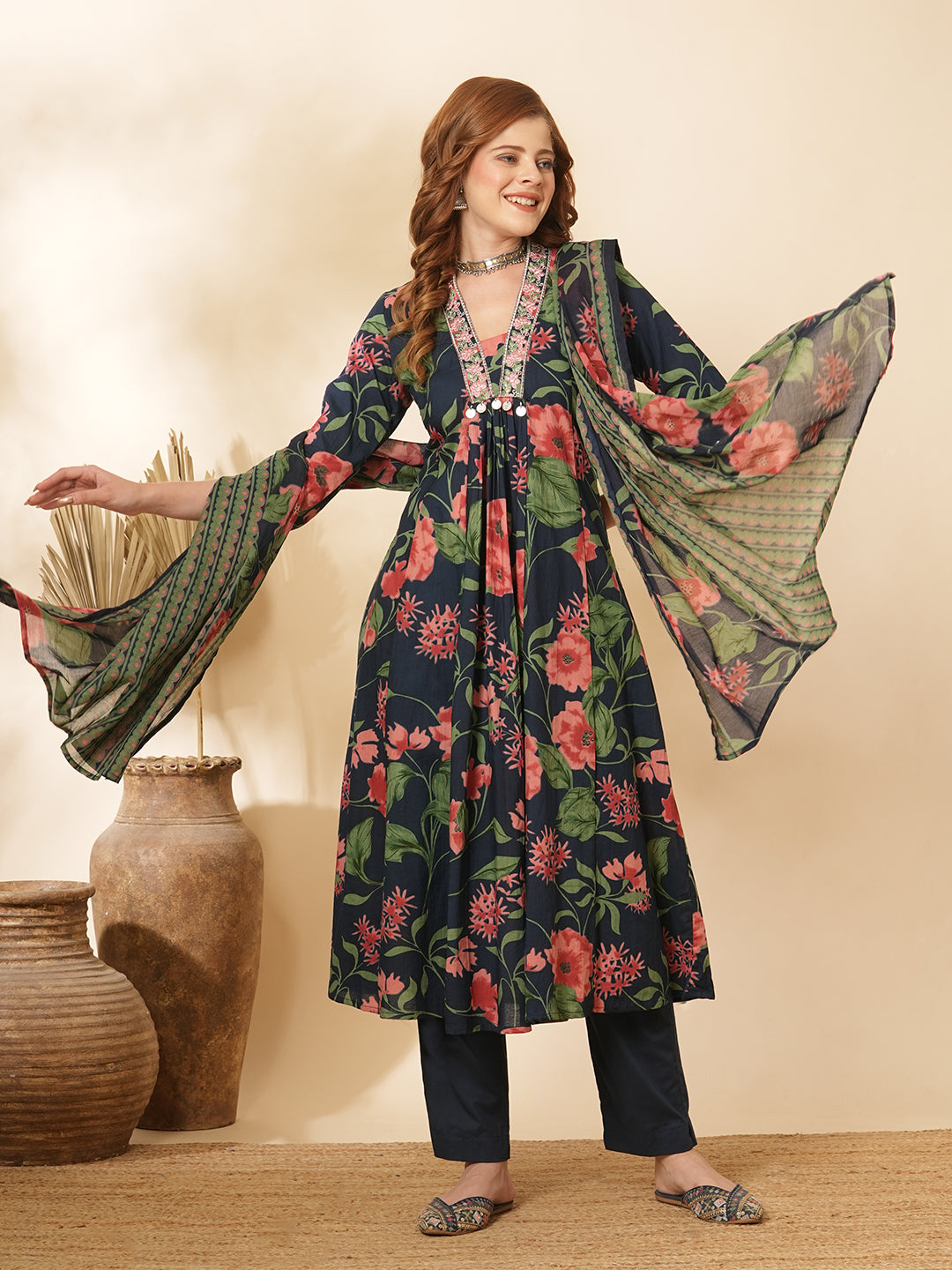 Floral Printed & Embroidered A-Line Paneled Kurta with Pant & Dupatta - Teal Blue