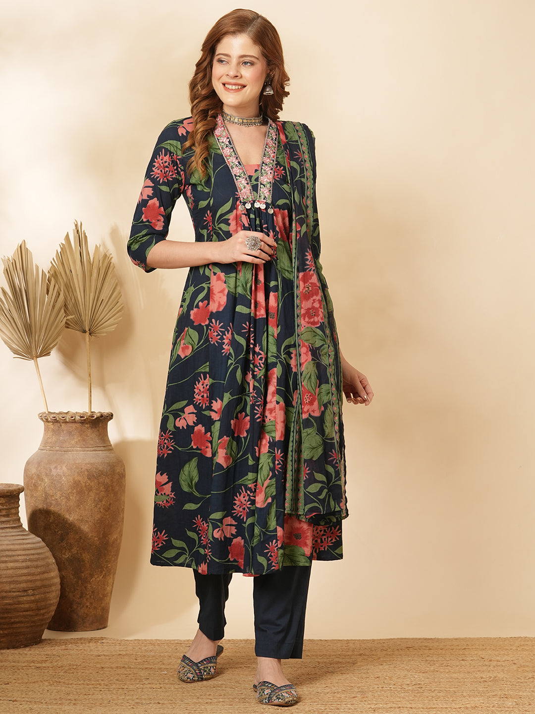 Floral Printed & Embroidered A-Line Paneled Kurta with Pant & Dupatta - Teal Blue