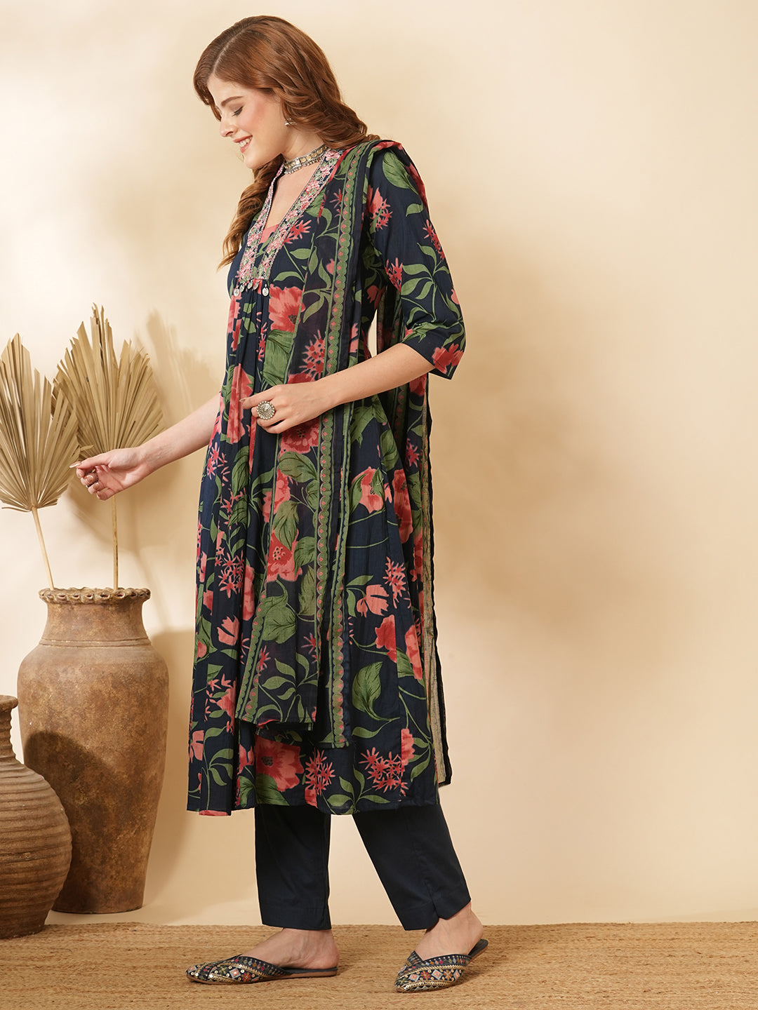 Floral Printed & Embroidered A-Line Paneled Kurta with Pant & Dupatta - Teal Blue