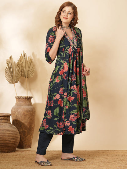 Floral Printed & Embroidered A-Line Paneled Kurta with Pant & Dupatta - Teal Blue