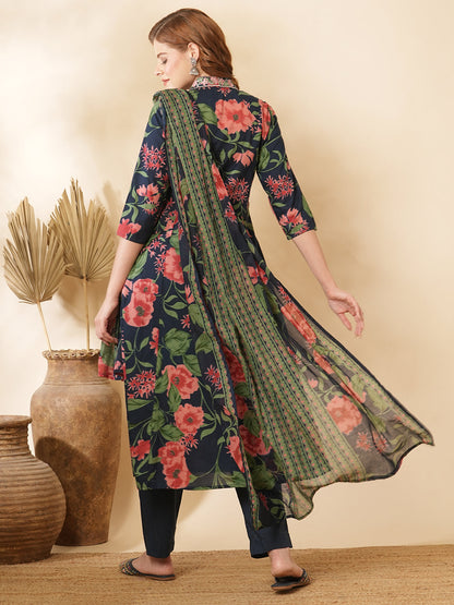 Floral Printed & Embroidered A-Line Paneled Kurta with Pant & Dupatta - Teal Blue