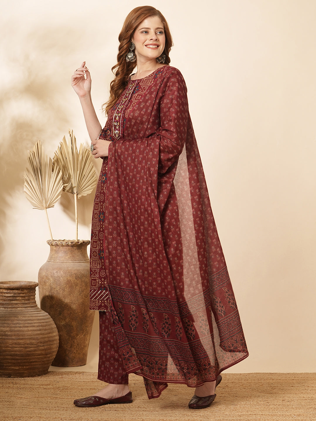 Ethnic Printed & Embroidered Kurta with Pant & Pure Cotton Dupatta - Burgundy