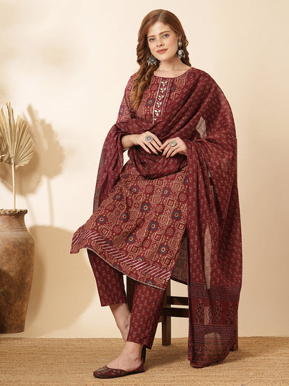 Ethnic Printed & Embroidered Kurta with Pant & Pure Cotton Dupatta - Burgundy