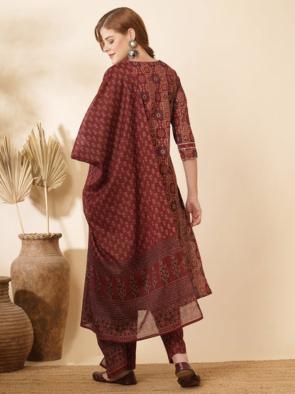 Ethnic Printed & Embroidered Kurta with Pant & Pure Cotton Dupatta - Burgundy