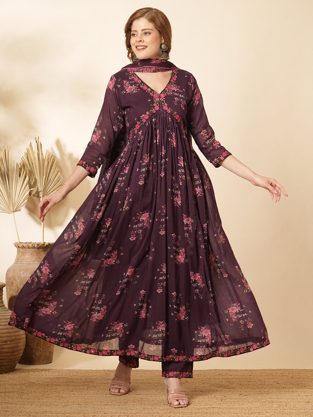 Floral Printed & Embroidered Anarkali Kurta with Pant & Dupatta - Burgundy