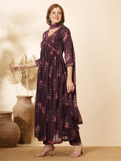 Floral Printed & Embroidered Anarkali Kurta with Pant & Dupatta - Burgundy